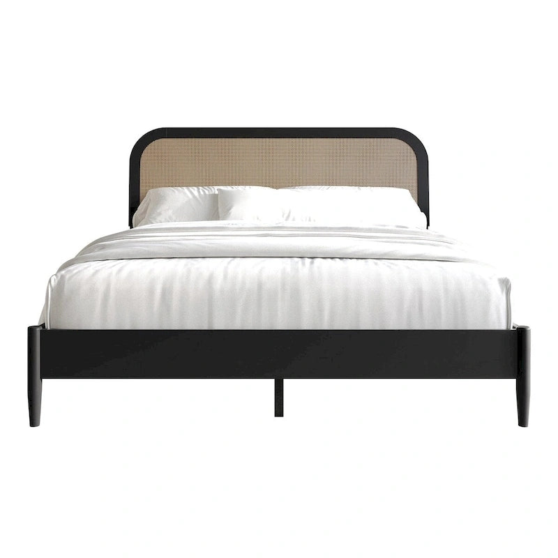 Mid-Century Modern Platform Bed | Curved Cane Headboard, Rubberwood, Twin/Full/Queen/King, No Box Spring