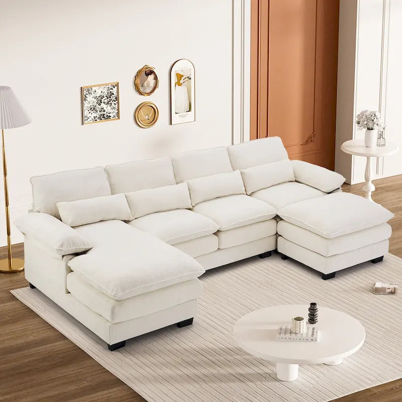 Soft Chenille U-Shaped Sectional Sofa | Double Layer Cushions | Ottoman & Pillows Included