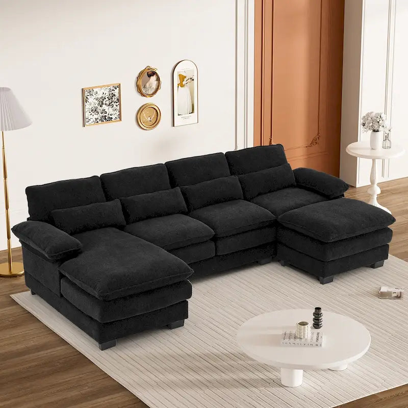 Soft Chenille U-Shaped Sectional Sofa | Double Layer Cushions | Ottoman & Pillows Included