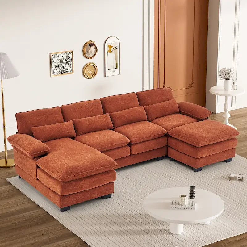 Soft Chenille U-Shaped Sectional Sofa | Double Layer Cushions | Ottoman & Pillows Included
