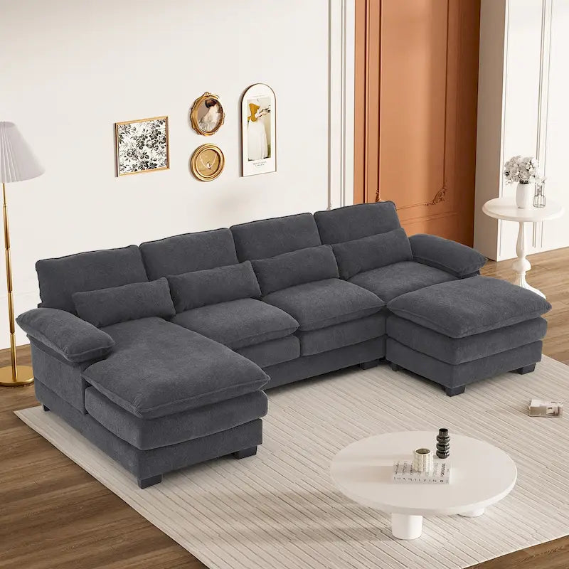 Soft Chenille U-Shaped Sectional Sofa | Double Layer Cushions | Ottoman & Pillows Included