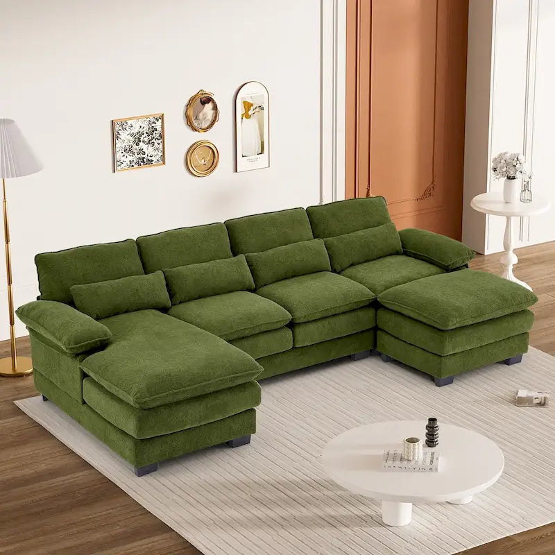 Soft Chenille U-Shaped Sectional Sofa | Double Layer Cushions | Ottoman & Pillows Included