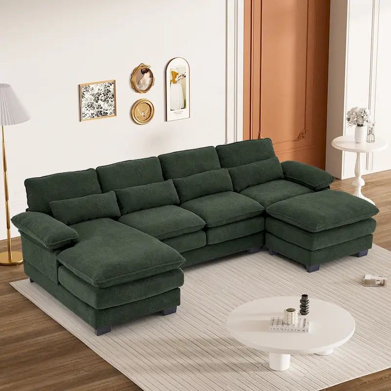 Soft Chenille U-Shaped Sectional Sofa | Double Layer Cushions | Ottoman & Pillows Included