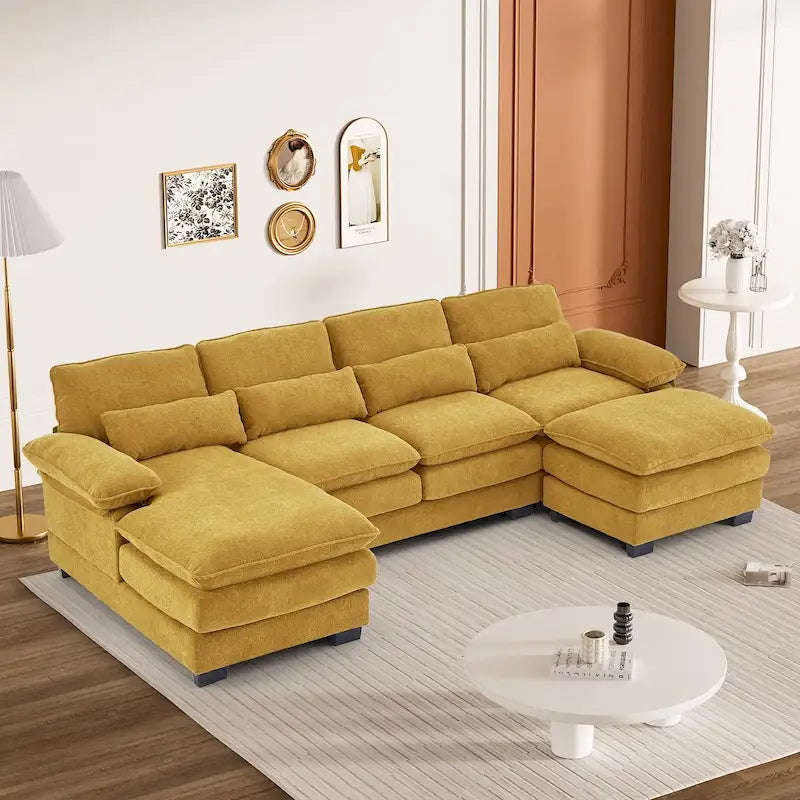 Soft Chenille U-Shaped Sectional Sofa | Double Layer Cushions | Ottoman & Pillows Included