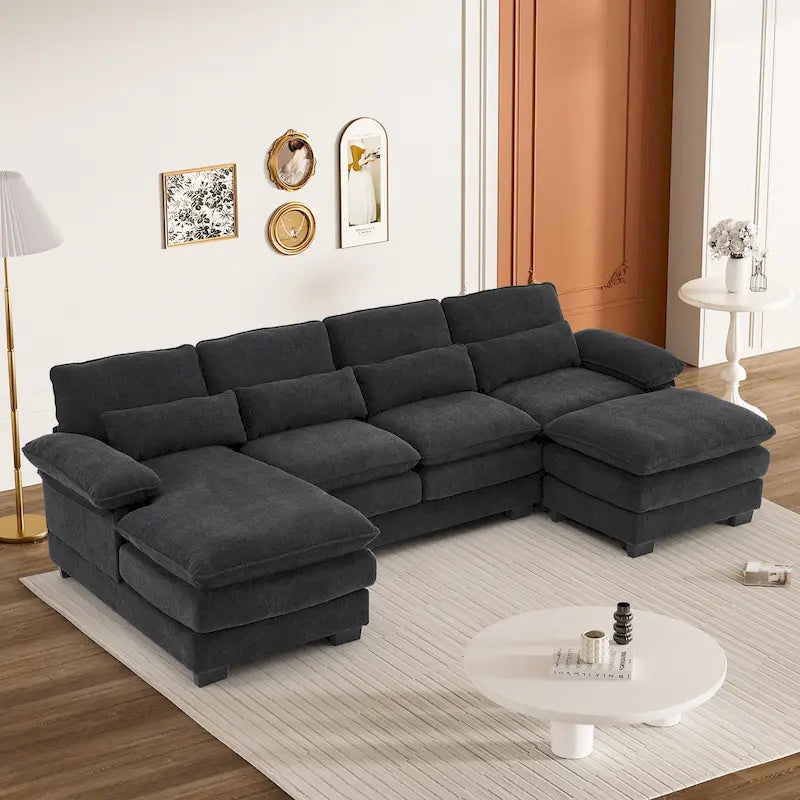 Soft Chenille U-Shaped Sectional Sofa | Double Layer Cushions | Ottoman & Pillows Included