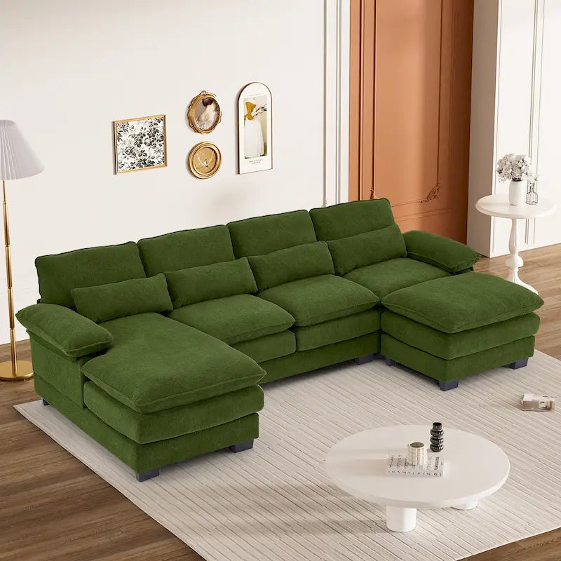 Soft Chenille U-Shaped Sectional Sofa | Double Layer Cushions | Ottoman & Pillows Included