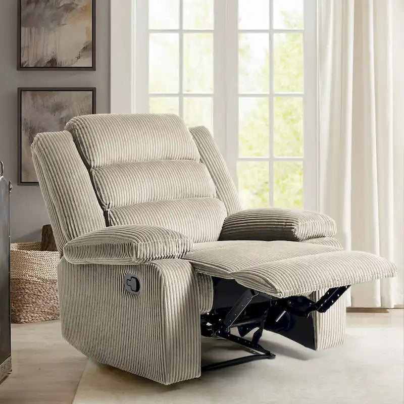 Overstuffed Cotton Corduroy Manual Pushback Recliner with Wide Armrest