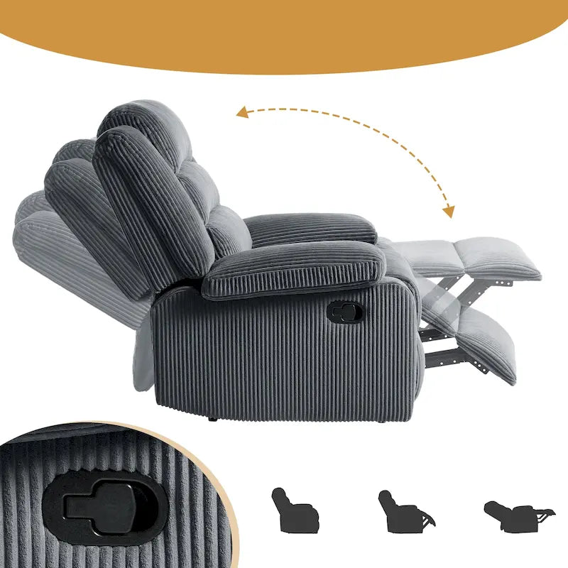Overstuffed Cotton Corduroy Manual Pushback Recliner with Wide Armrest