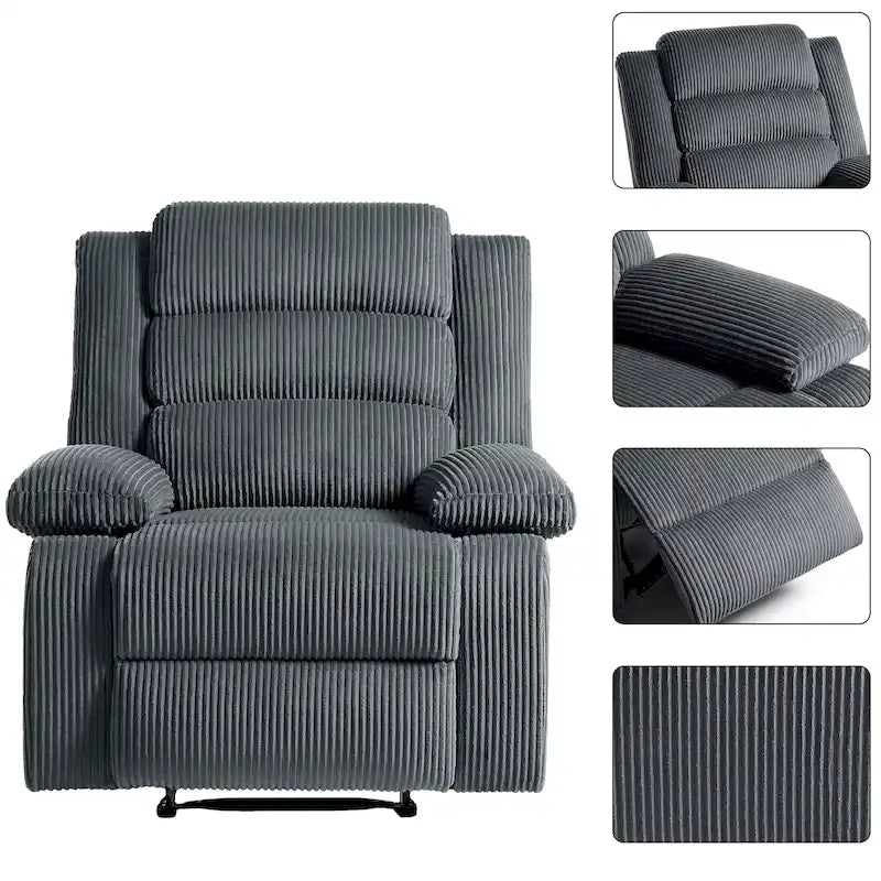 Overstuffed Cotton Corduroy Manual Pushback Recliner with Wide Armrest
