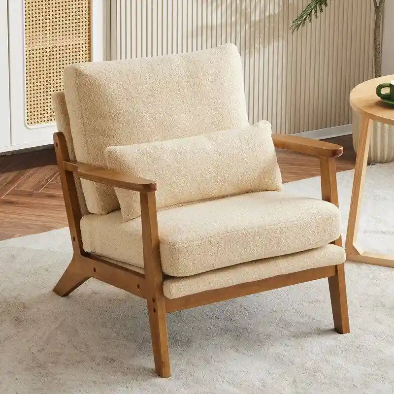 Upholstered Linen Blend Accent Chair with Wooden Legs and One Pillow Beige