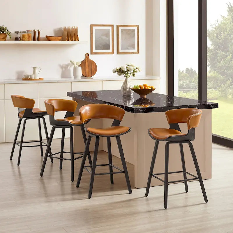 Set of 4 Modern Counter Height Barstools | Metal Frame, Upholstered Seat, Kitchen Island