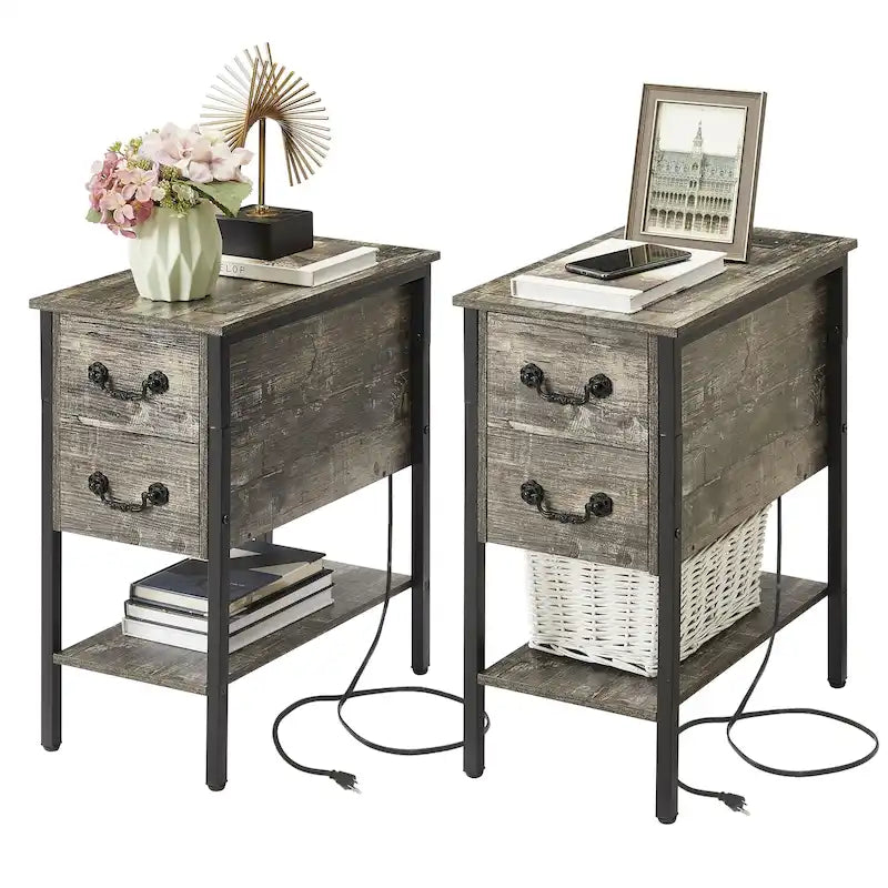 End Table with Charging Station, Narrow Chairside Table with Drawers & USB Ports & Power Outlets, Nightstand for Small Spaces