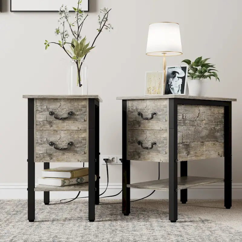 End Table with Charging Station, Narrow Chairside Table with Drawers & USB Ports & Power Outlets, Nightstand for Small Spaces