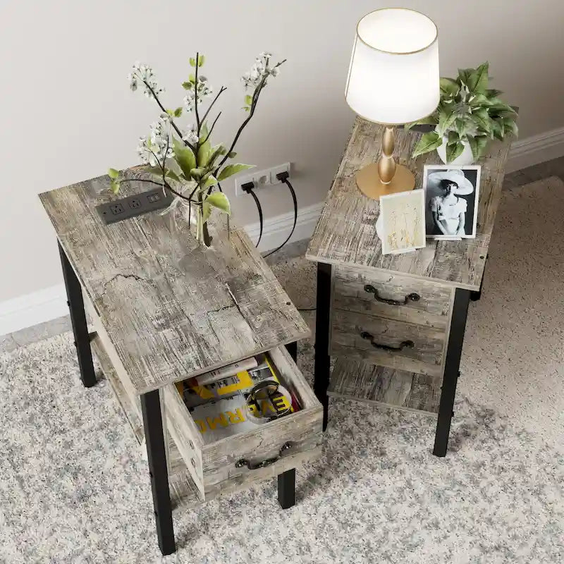 End Table with Charging Station, Narrow Chairside Table with Drawers & USB Ports & Power Outlets, Nightstand for Small Spaces