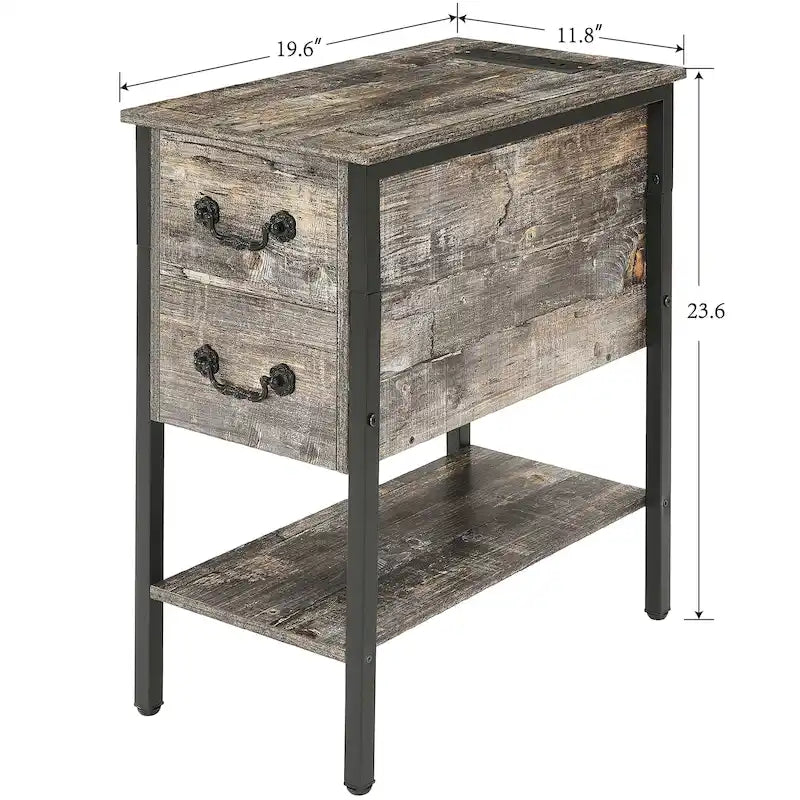 End Table with Charging Station, Narrow Chairside Table with Drawers & USB Ports & Power Outlets, Nightstand for Small Spaces