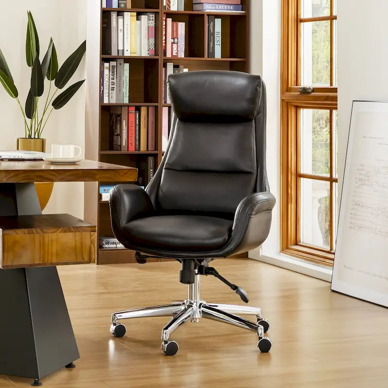 48" Mid-Century Adjustable Swivel Office Chair | Faux Leather, Height Adjustable, Home Office