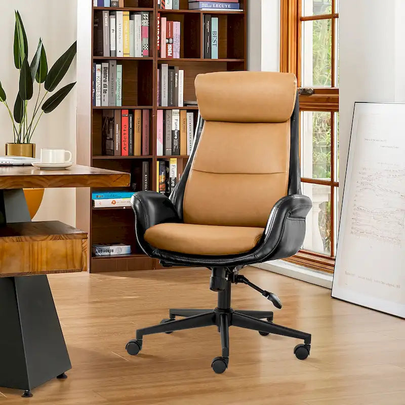 48" Mid-Century Adjustable Swivel Office Chair | Faux Leather, Height Adjustable, Home Office