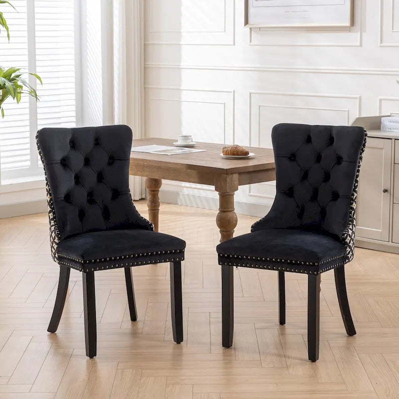 Set of 2 Velvet Upholstered Dining Chairs with Nailhead Trim and Wooden Legs