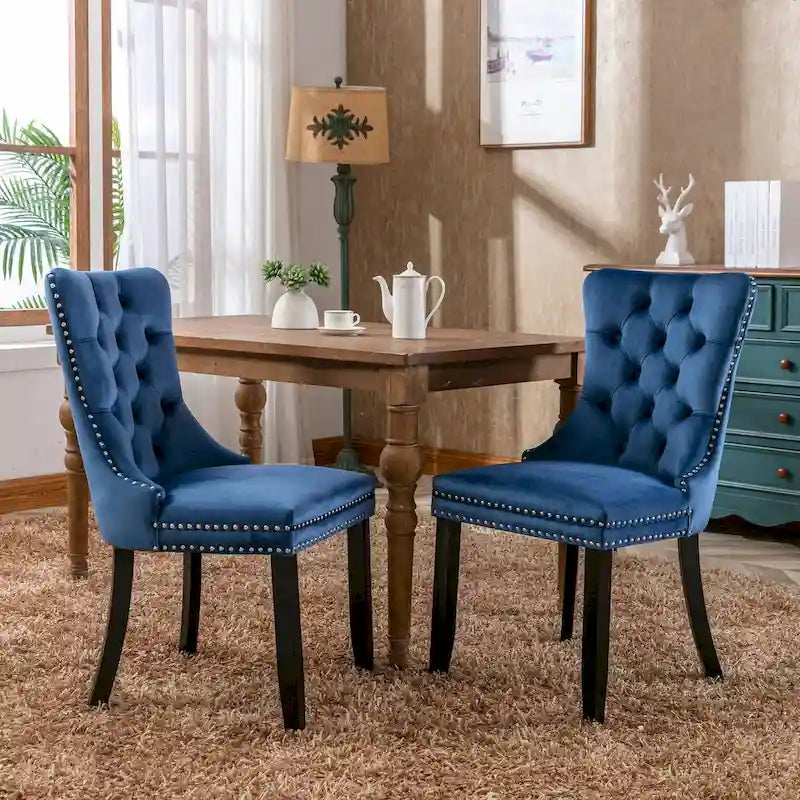 Set of 2 Velvet Upholstered Dining Chairs with Nailhead Trim and Wooden Legs