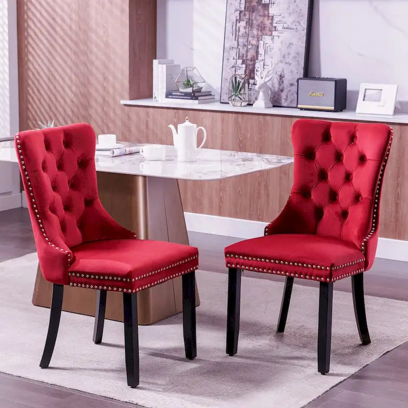 Set of 2 Velvet Upholstered Dining Chairs with Nailhead Trim and Wooden Legs