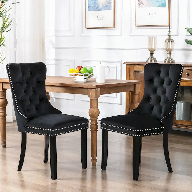 Set of 2 Velvet Upholstered Dining Chairs with Nailhead Trim and Wooden Legs