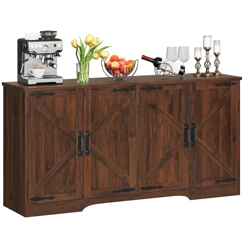Farmhouse 4-Door Sideboard Buffet Coffee Bar Cabinet | Adjustable Shelves, Kitchen & Living Room