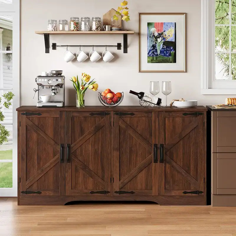 Farmhouse 4-Door Sideboard Buffet Coffee Bar Cabinet | Adjustable Shelves, Kitchen & Living Room