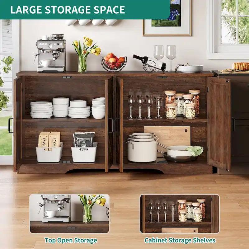 Farmhouse 4-Door Sideboard Buffet Coffee Bar Cabinet | Adjustable Shelves, Kitchen & Living Room