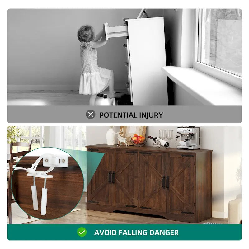 Farmhouse 4-Door Sideboard Buffet Coffee Bar Cabinet | Adjustable Shelves, Kitchen & Living Room