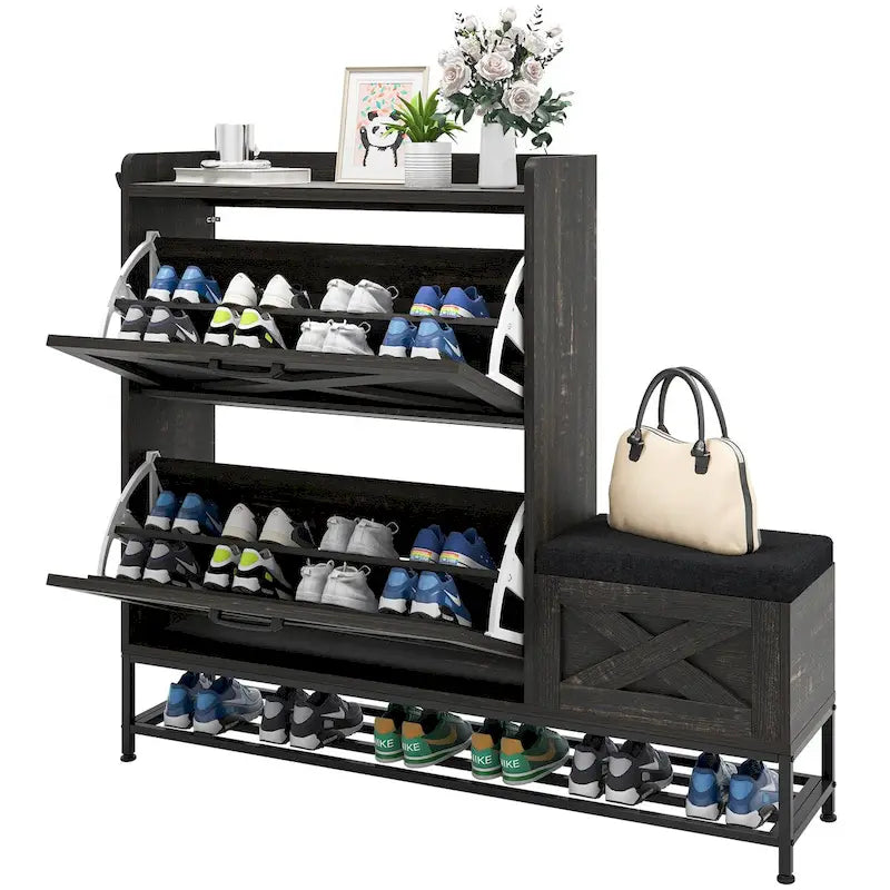 Farmhouse Shoe Storage Cabinet with Flip Drawers & Bench | Holds 16 Pairs, Entryway Organizer