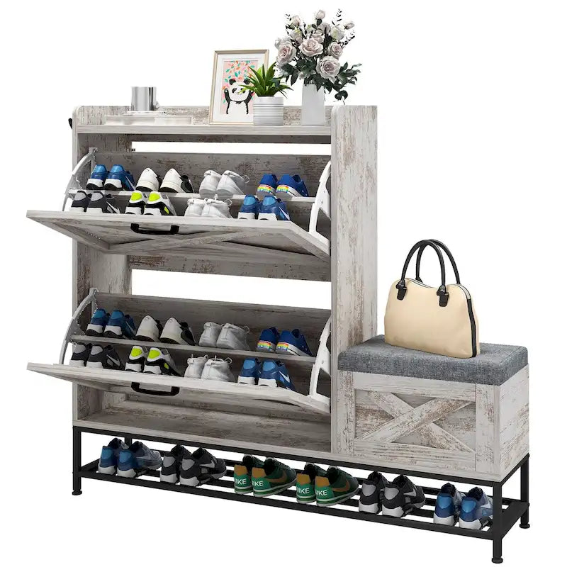 Farmhouse Shoe Storage Cabinet with Flip Drawers & Bench | Holds 16 Pairs, Entryway Organizer