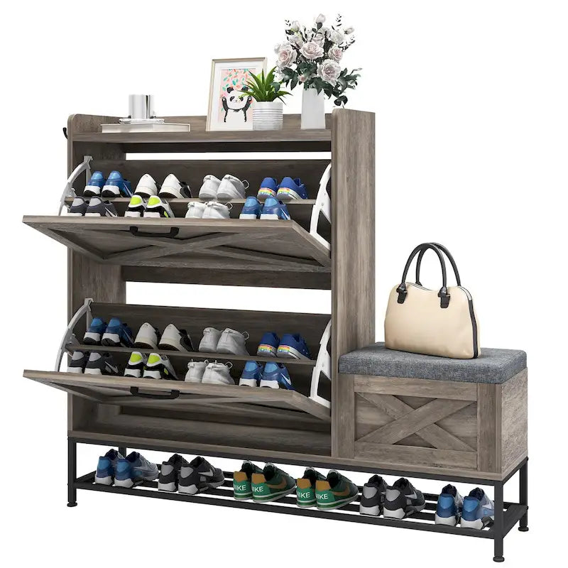 Farmhouse Shoe Storage Cabinet with Flip Drawers & Bench | Holds 16 Pairs, Entryway Organizer