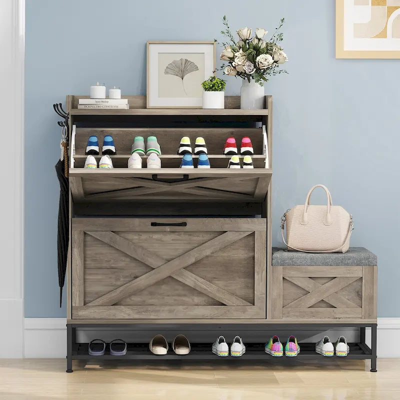 Farmhouse Shoe Storage Cabinet with Flip Drawers & Bench | Holds 16 Pairs, Entryway Organizer