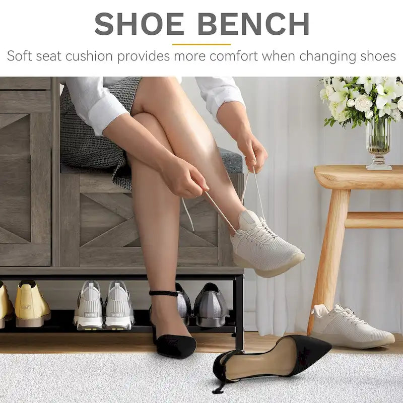 Farmhouse Shoe Storage Cabinet with Flip Drawers & Bench | Holds 16 Pairs, Entryway Organizer