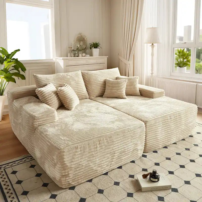 Long Plush Double Chaise Sectional Sofa | No Assembly Required, Soft Fabric, Living Room Couch