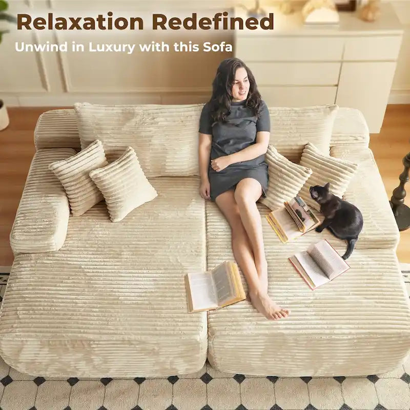 Long Plush Double Chaise Sectional Sofa | No Assembly Required, Soft Fabric, Living Room Couch