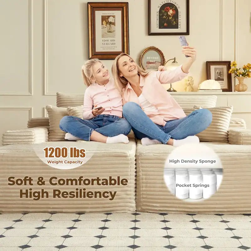 Long Plush Double Chaise Sectional Sofa | No Assembly Required, Soft Fabric, Living Room Couch