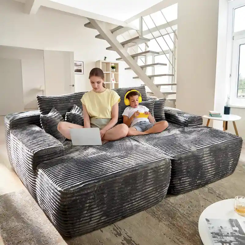 Long Plush Double Chaise Sectional Sofa | No Assembly Required, Soft Fabric, Living Room Couch