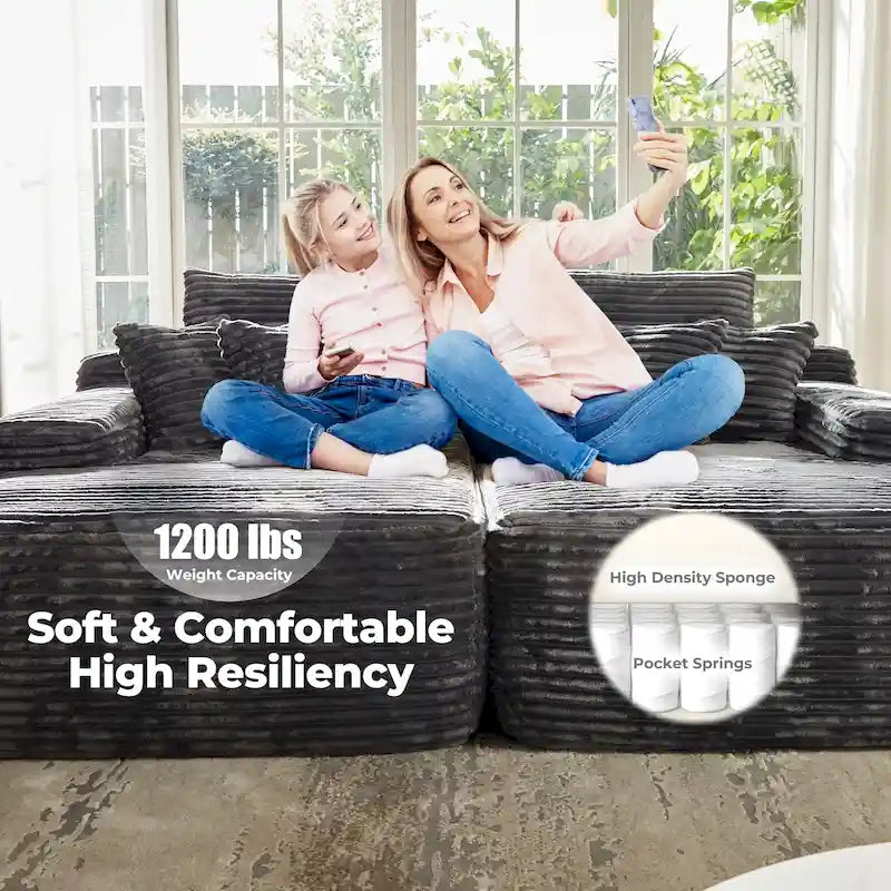 Long Plush Double Chaise Sectional Sofa | No Assembly Required, Soft Fabric, Living Room Couch
