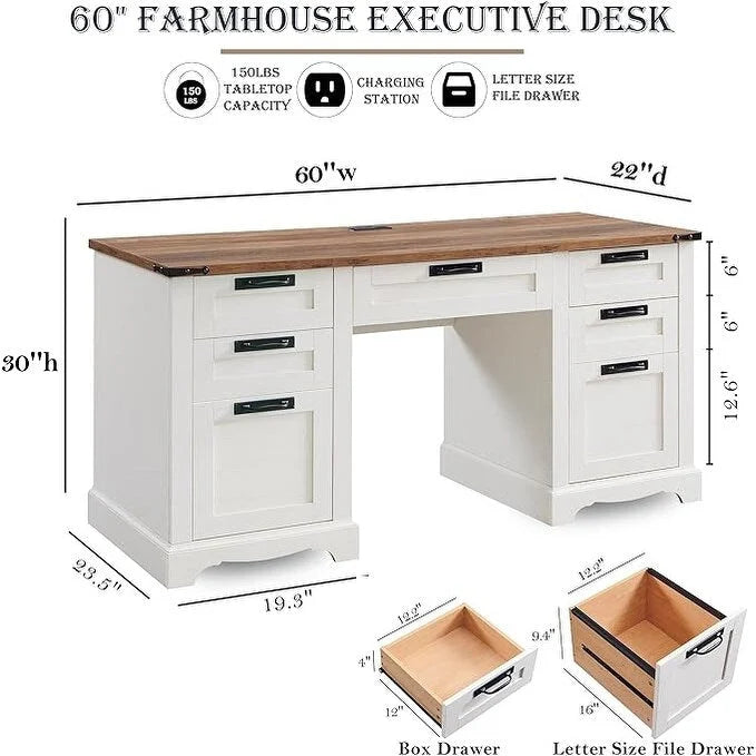 60 Farmhouse Executive Desk, Wood Home Office Desk, Computer Desk
