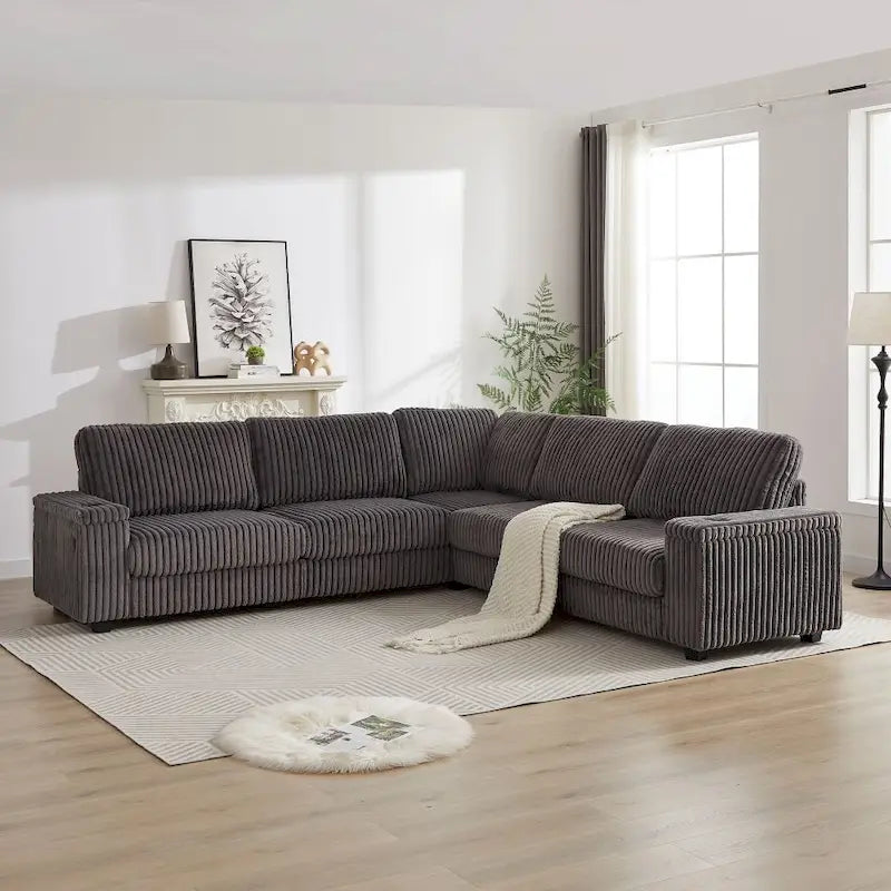 110-Inch L-Shape Oversized Corduroy Corner Sofa with Two Storage Spaces,USB Port, Type-C Port and Cup-Holder
