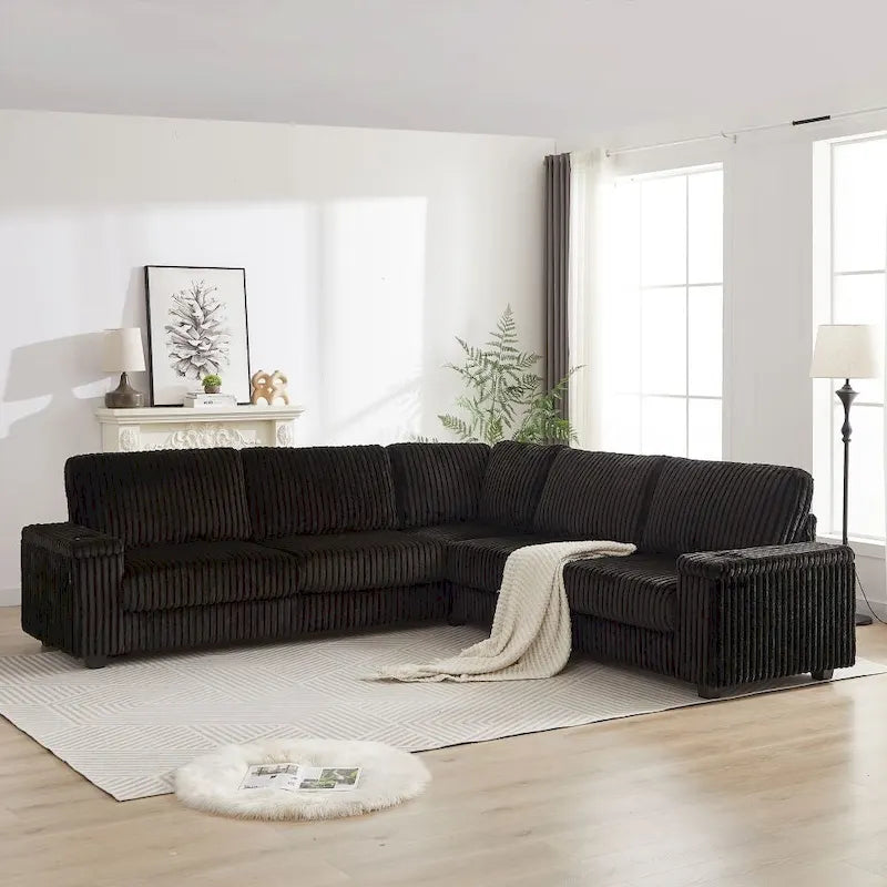 110-Inch L-Shape Oversized Corduroy Corner Sofa with Two Storage Spaces,USB Port, Type-C Port and Cup-Holder