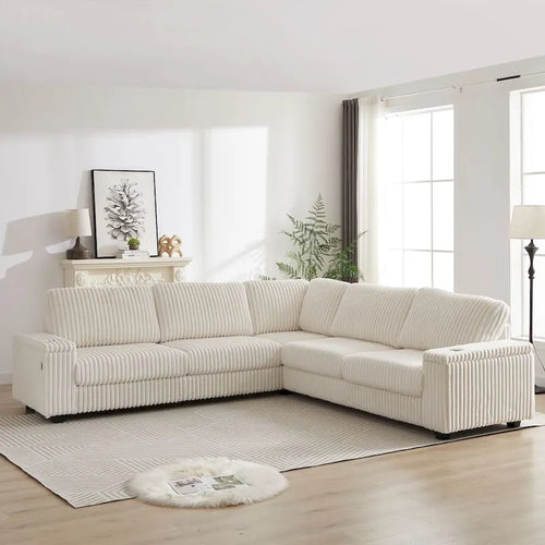 110-Inch L-Shape Oversized Corduroy Corner Sofa with Two Storage Spaces,USB Port, Type-C Port and Cup-Holder